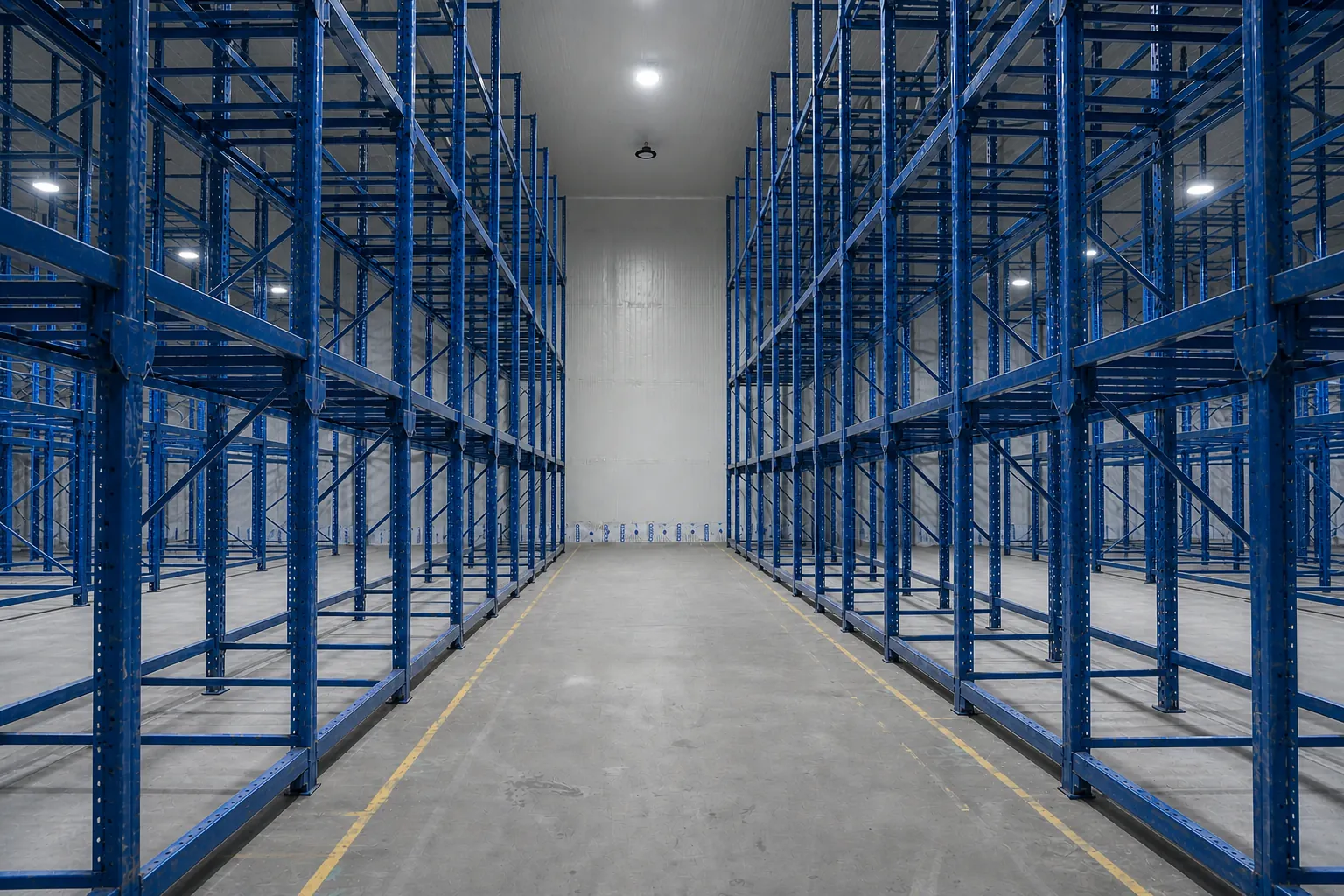 Inside an Arctic cold-storage hall - rows of high-bay racking receding down an empty frozen aisle